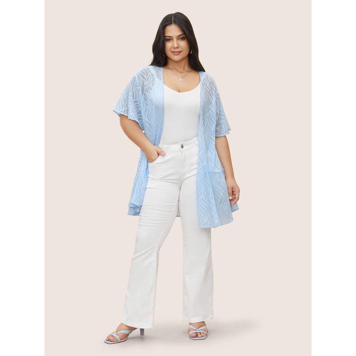 Plus Size Chiffon Texture Ruffles See Through Kimono Women LightBlue Elegant Texture Everyday Kimonos BloomChic 26/4X Product Image