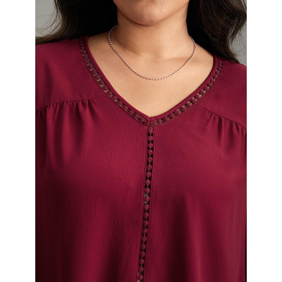 Plus Size Scarlet Plain Lace Patchwork Gathered Lantern Sleeve Blouse Women Elegant Elbow-length sleeve V-neck Dailywear Blouses BloomChic 18-20/2X Product Image