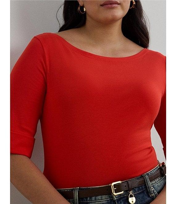 Lauren Ralph Lauren Plus Size Stretch Cotton Boat Neck Short Folded Elbow Sleeve Top Product Image