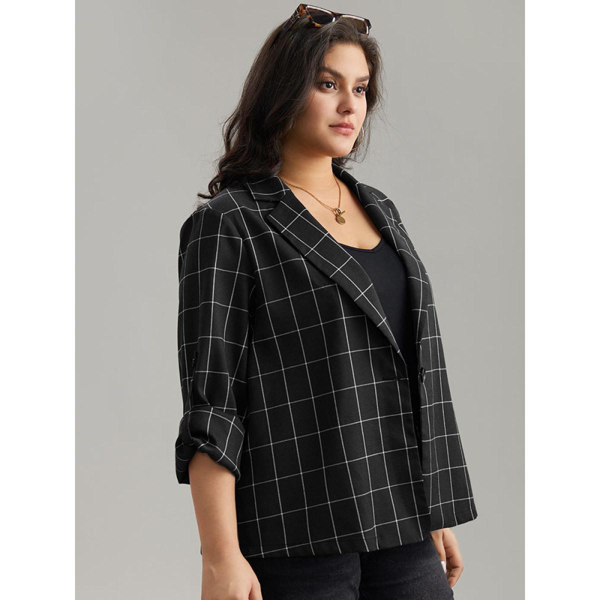 Plus Size Plaid Suit Collar Tab Sleeve Button Up Blazer Black Women Dailywear Plaid Contrast Sleeve Long Sleeve Suit Collar 18-20/2X Casual Blazers BloomChic Product Image