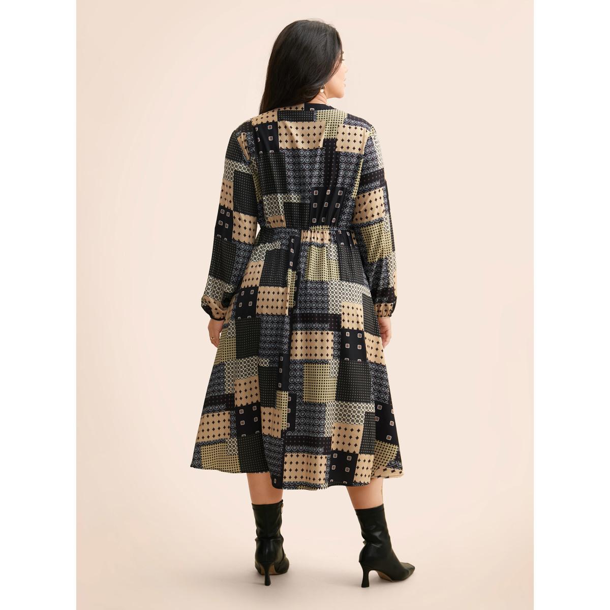 Plus Size Colorblock Contrast Notched Lantern Sleeve Dress Multicolor Women At the Office Button Flat collar with V-notch Long Sleeve Curvy BloomChic 28/5X Product Image