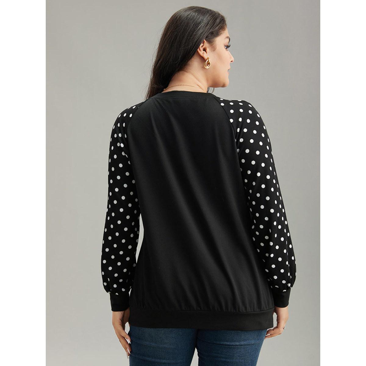 Plus Size Polka Dot Patchwork Raglan Sleeve Sweatshirt Women Black Casual Elastic cuffs Round Neck Everyday Sweatshirts BloomChic 18-20/2X Product Image