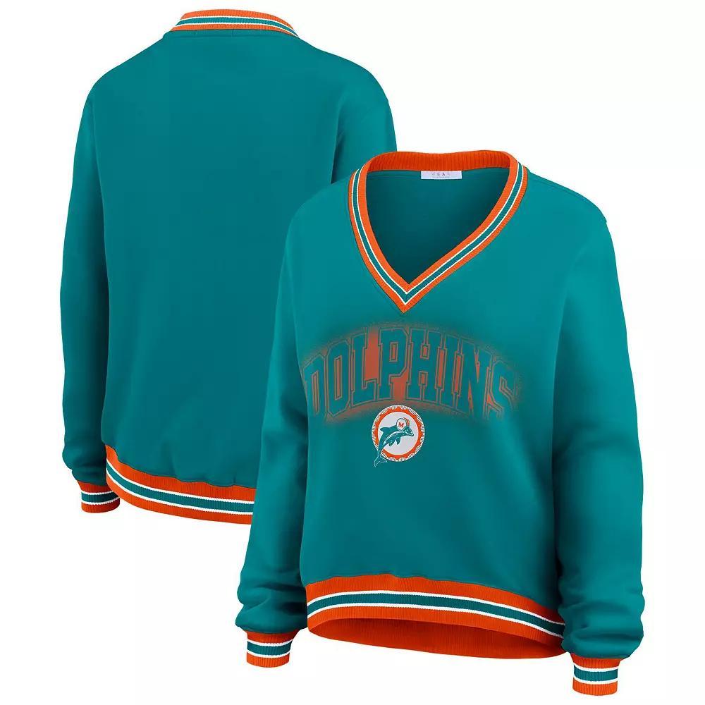 Womens WEAR by Erin Andrews Aqua Miami Dolphins Oversized Long Sleeve V-Neck Sweatshirt Turquoise A Product Image