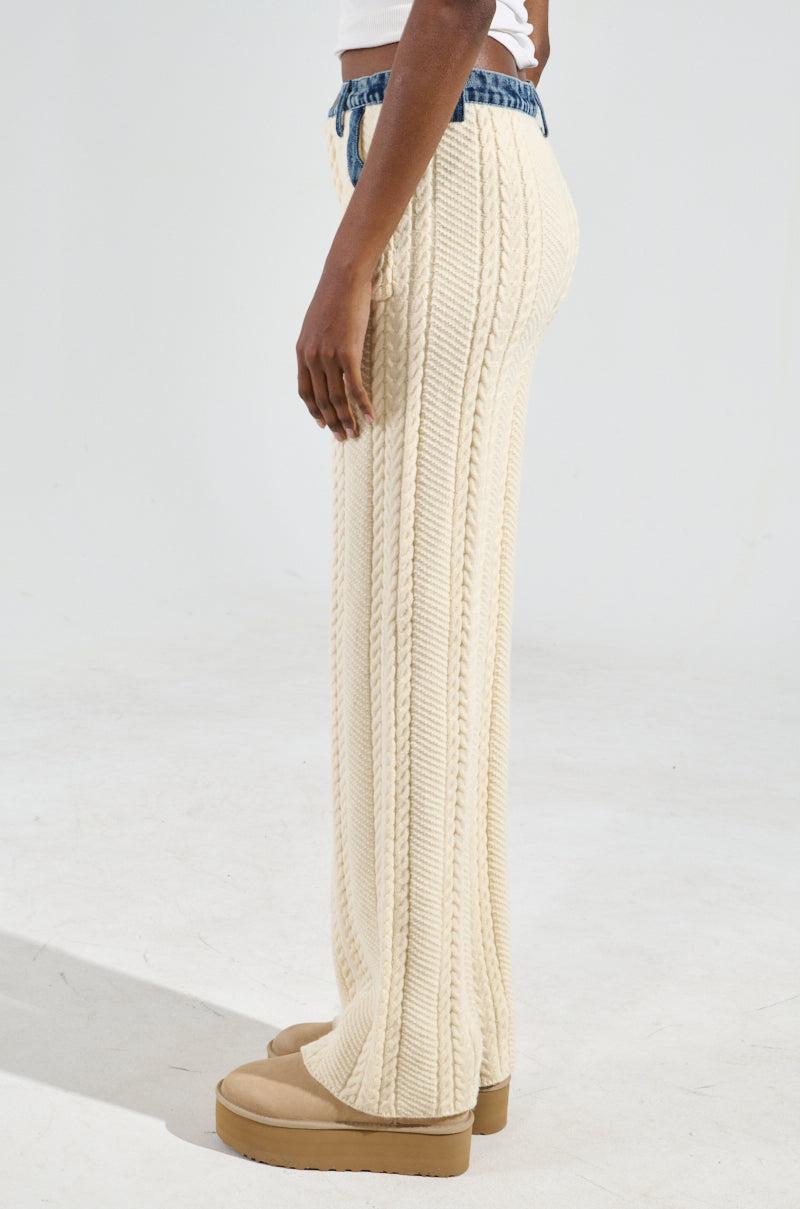 WORTHY OF LOVE CABLE KNIT STRAIGHT LEG PANT IN CREAM Product Image