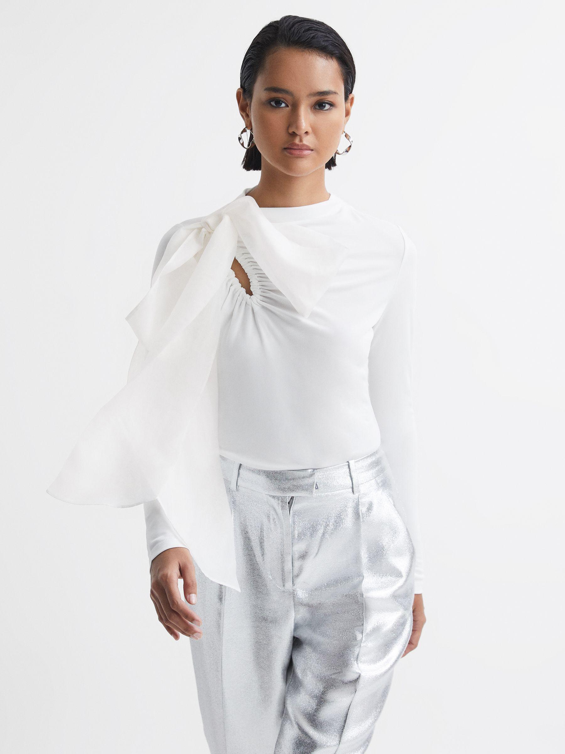 Long Sleeve Bow T-Shirt in White Product Image