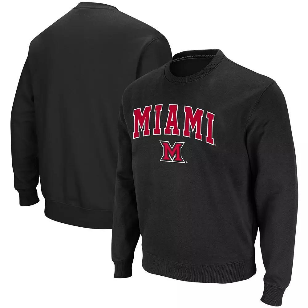 Men's Colosseum Black Miami University RedHawks Arch & Logo Tackle Twill Pullover Sweatshirt, Size: 3XL, Moh Black Product Image