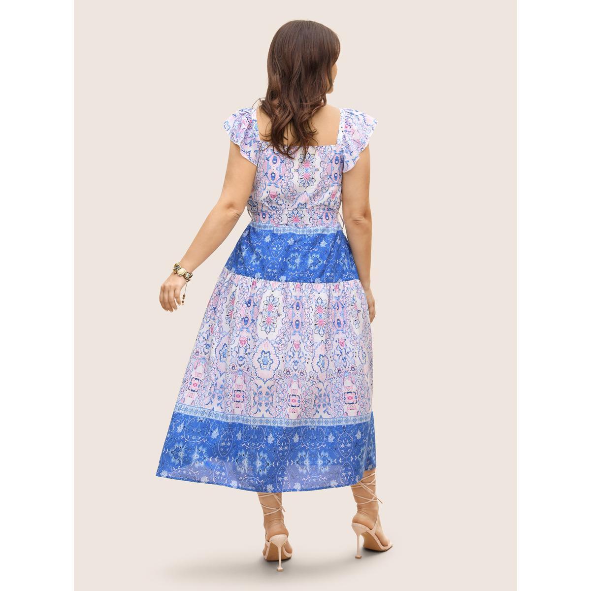 Plus Size Boho Print Ruffle Sleeve Belted Midi Dress Bluepurple Women Resort Belted Non Short sleeve Curvy BloomChic 22-24/3X Product Image