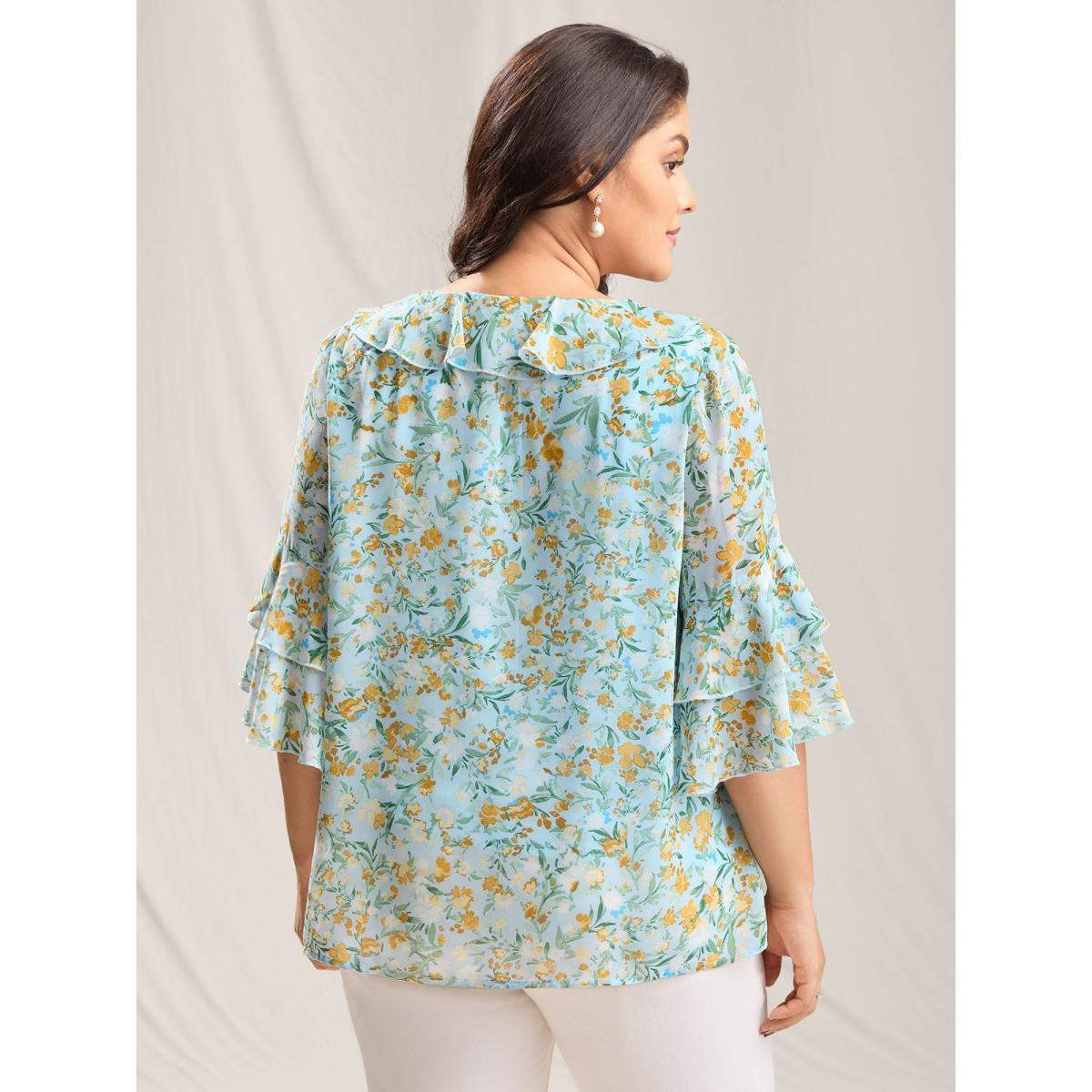 Plus Size LightBlue Floral Print Ruffled Layered Sleeve Blouse Women Short sleeve V-neck Everyday-Elegant Blouses BloomChic 28/5X Product Image