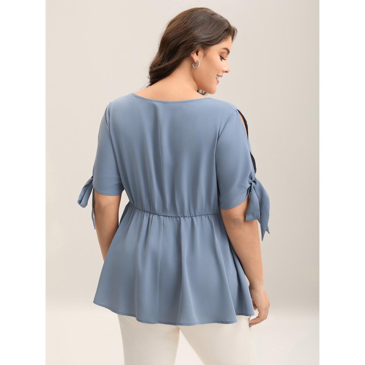 Plus Size Stone Knotted Sleeve Pearl Detail Keyhole Blouse Women Short sleeve Round Neck Work Blouses BloomChic 30/6X Product Image