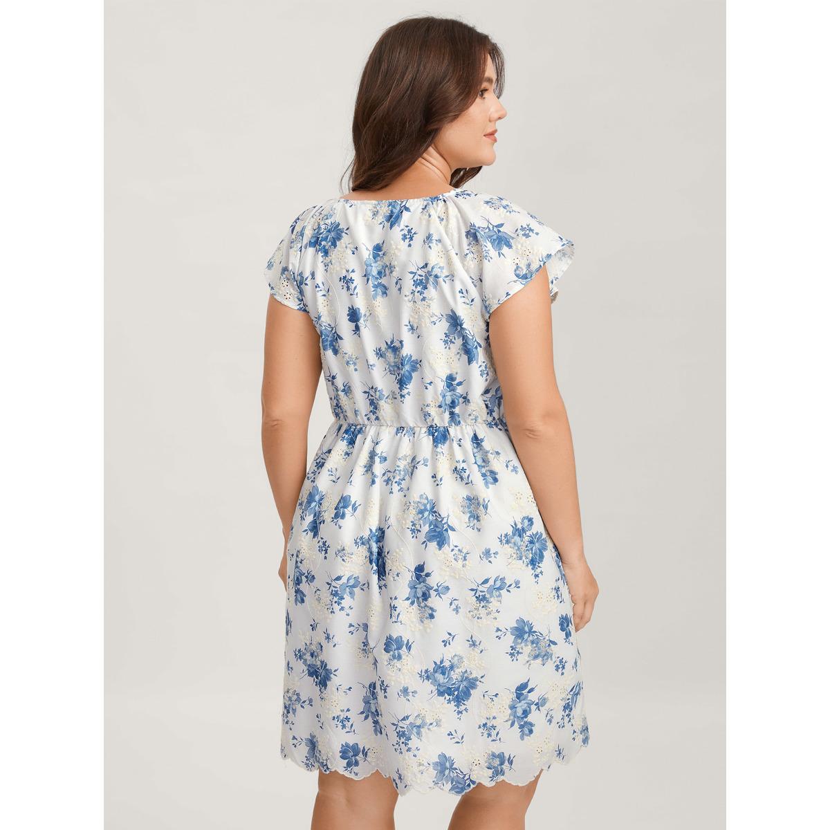Plus Size Embroidered Floral Flutter Sleeve Midi Dress LightBlue Women V-neck Cap Sleeve Curvy BloomChic 18-20/2X Product Image