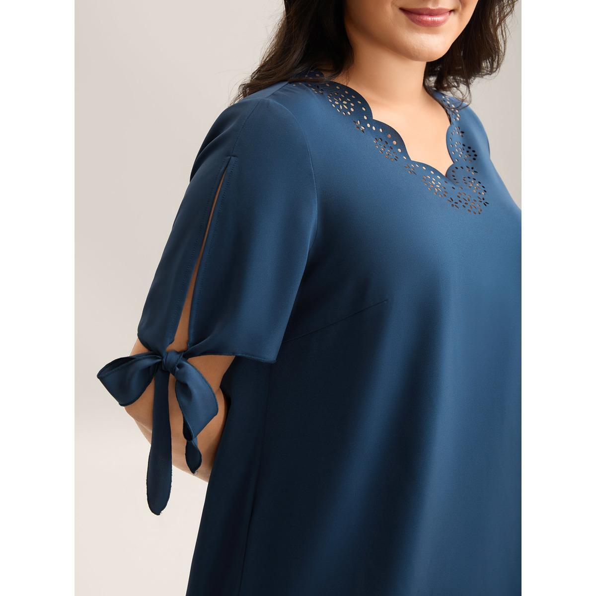 Plus Size Aegean Laser Cut Neckline Knotted Sleeve Blouse Women Short sleeve V-neck Work Blouses BloomChic 26/4X Product Image