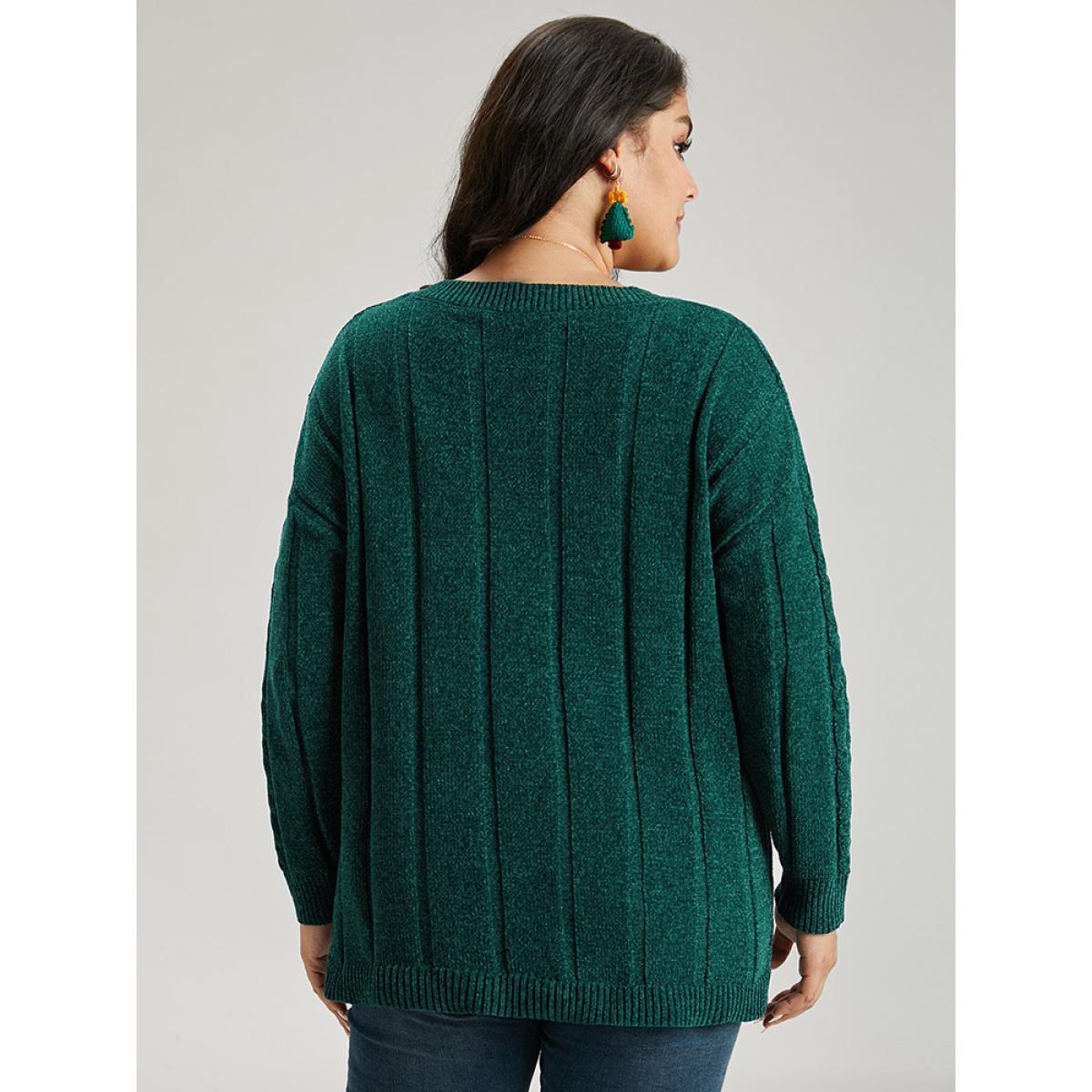 Plus Size Christmas Plain Cable Knit V Neck Pullover Emerald Women Casual Loose Long Sleeve V-neck Festival-Christmas Pullovers BloomChic 14-16/1X Product Image