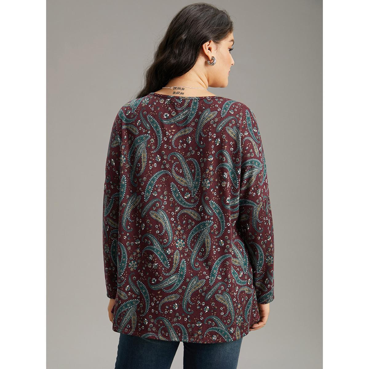Plus Size Paisley Print Round Neck Slightly Stretchy T-shirt Burgundy Women Elegant Printed Paisley Round Neck Dailywear T-shirts BloomChic 22-24/3X Product Image