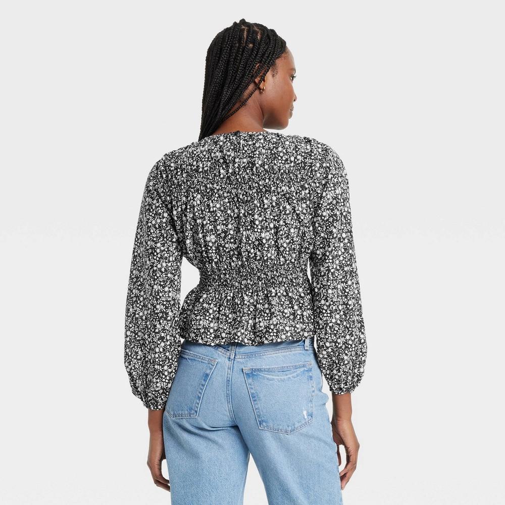 Women's Long Sleeve Peplum Blouse - Universal Thread™ Black Floral XS: Cotton, Lightweight, Crew Neck, Balloon Sleeve Product Image