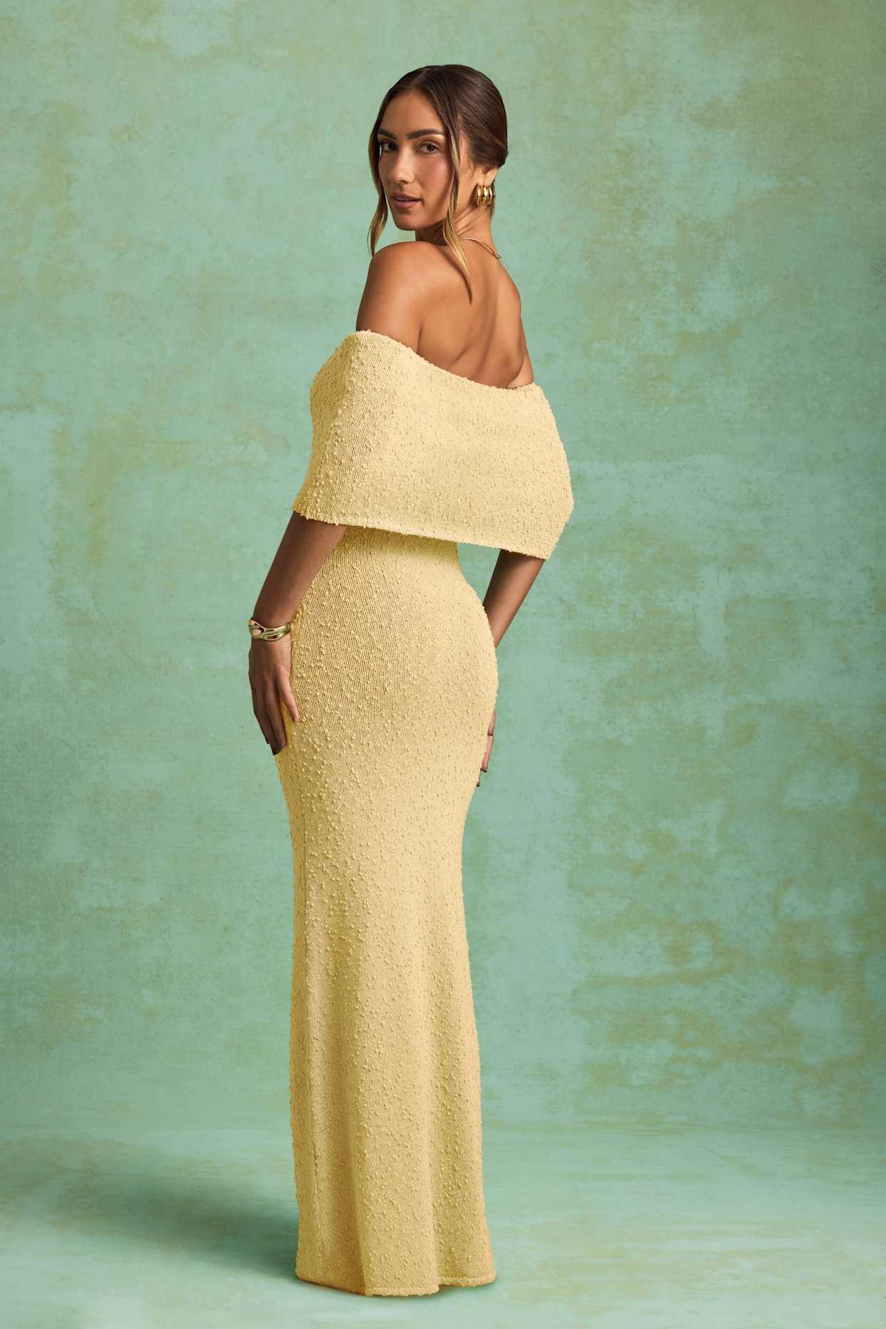 Bouclé Off-Shoulder Maxi Dress in Yellow Product Image