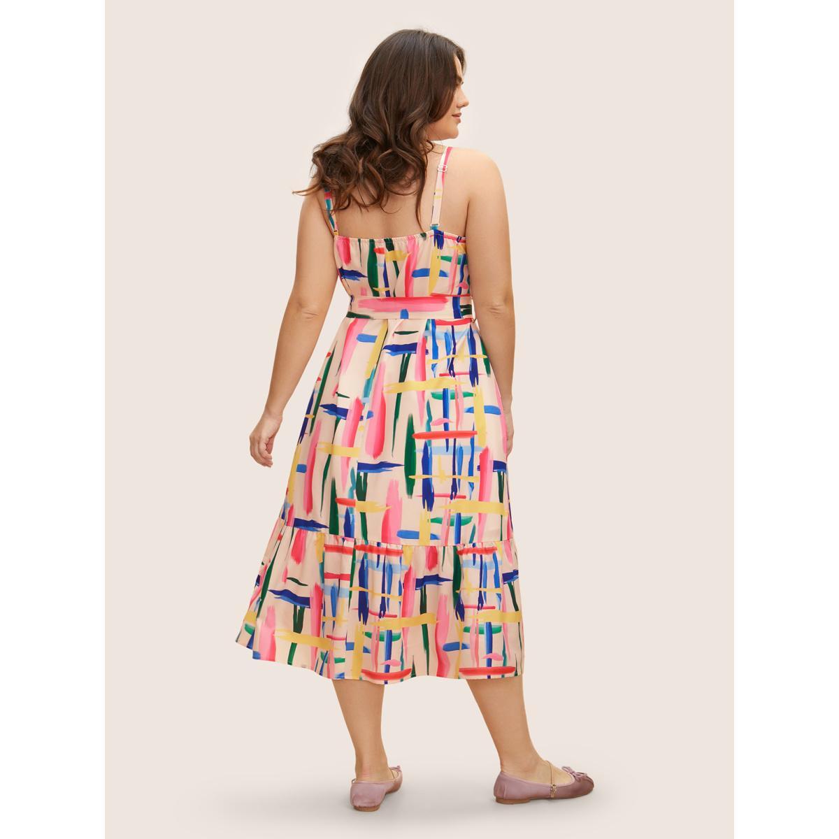 Plus Size Colored Brush Print Belted Midi Cami Dress Multicolor Women Casual Belted V-neck Sleeveless Curvy BloomChic 30/6X Product Image