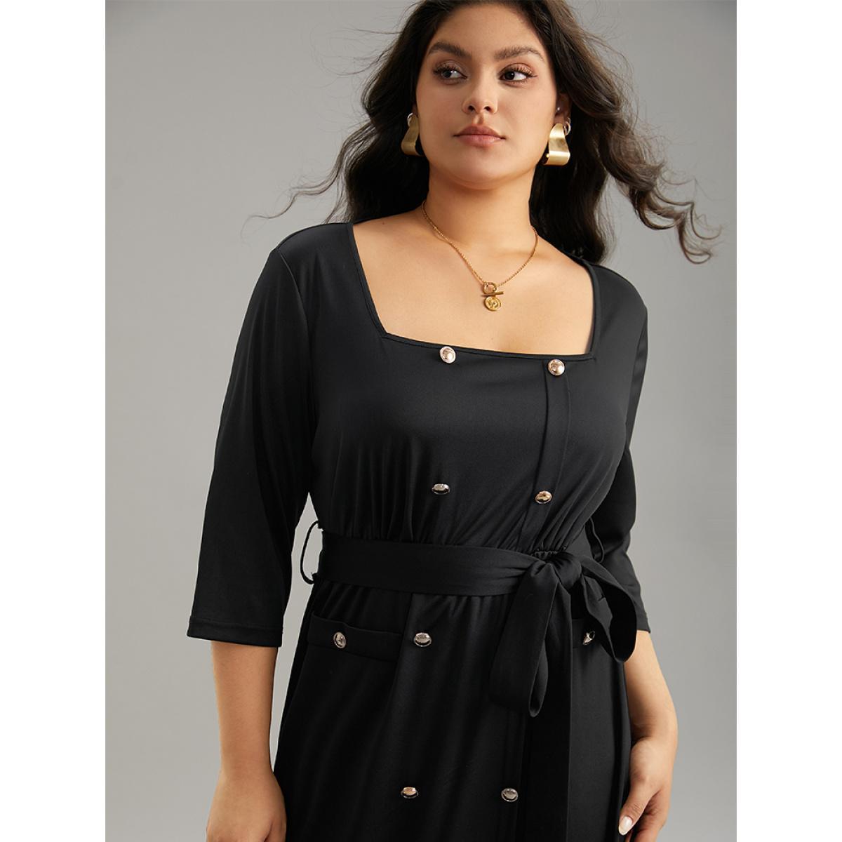 Plus Size Square Neck Metal Detail Belted Gathered Dress Black Women Office Plain Square Neck Elbow-length sleeve Curvy Midi Dress BloomChic 18-20/2X Product Image
