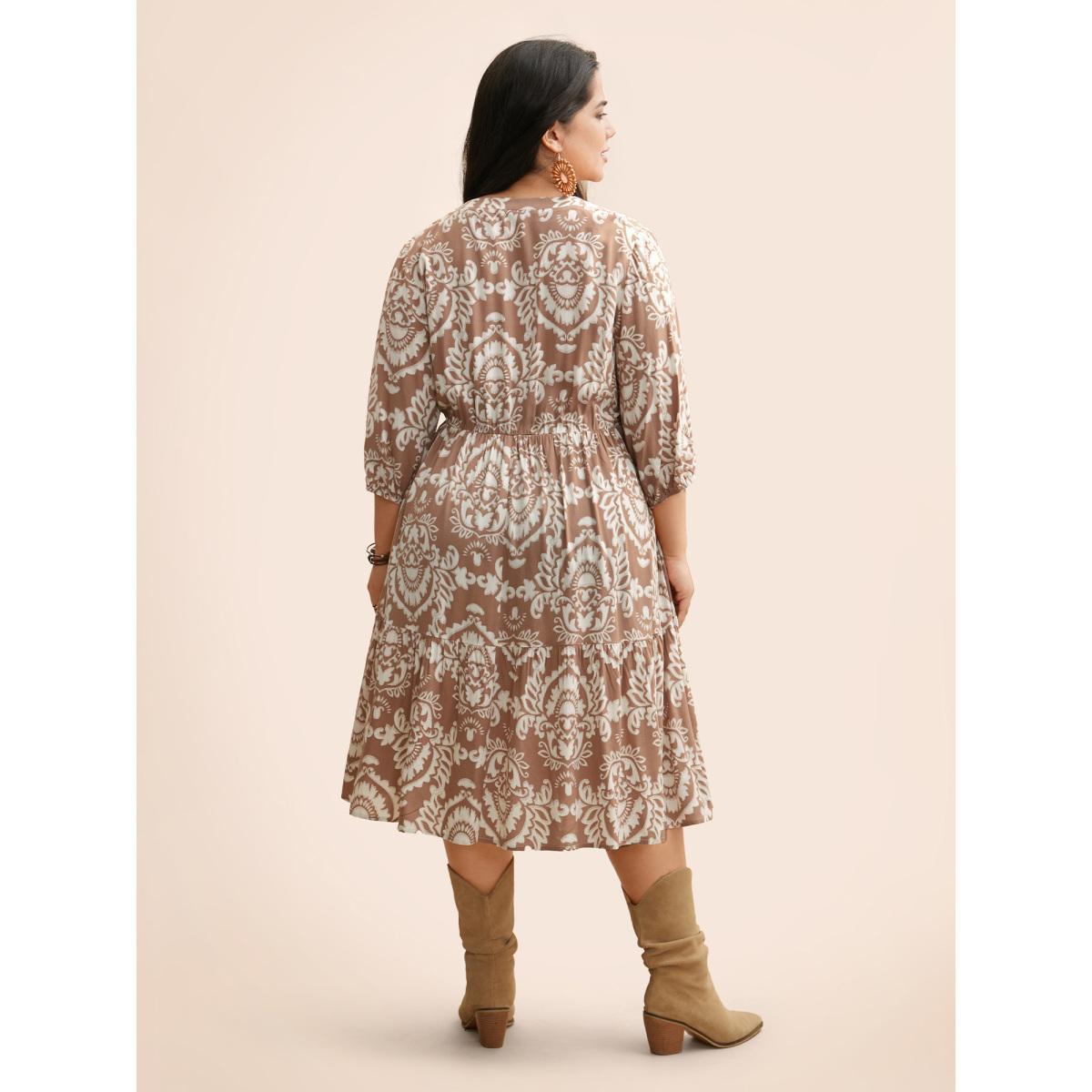 Plus Size Damask Print Tie Knot Puff Sleeve Dress DustyPink Women Resort Tie knot V-neck Elbow-length sleeve Curvy BloomChic 18-20/2X Product Image