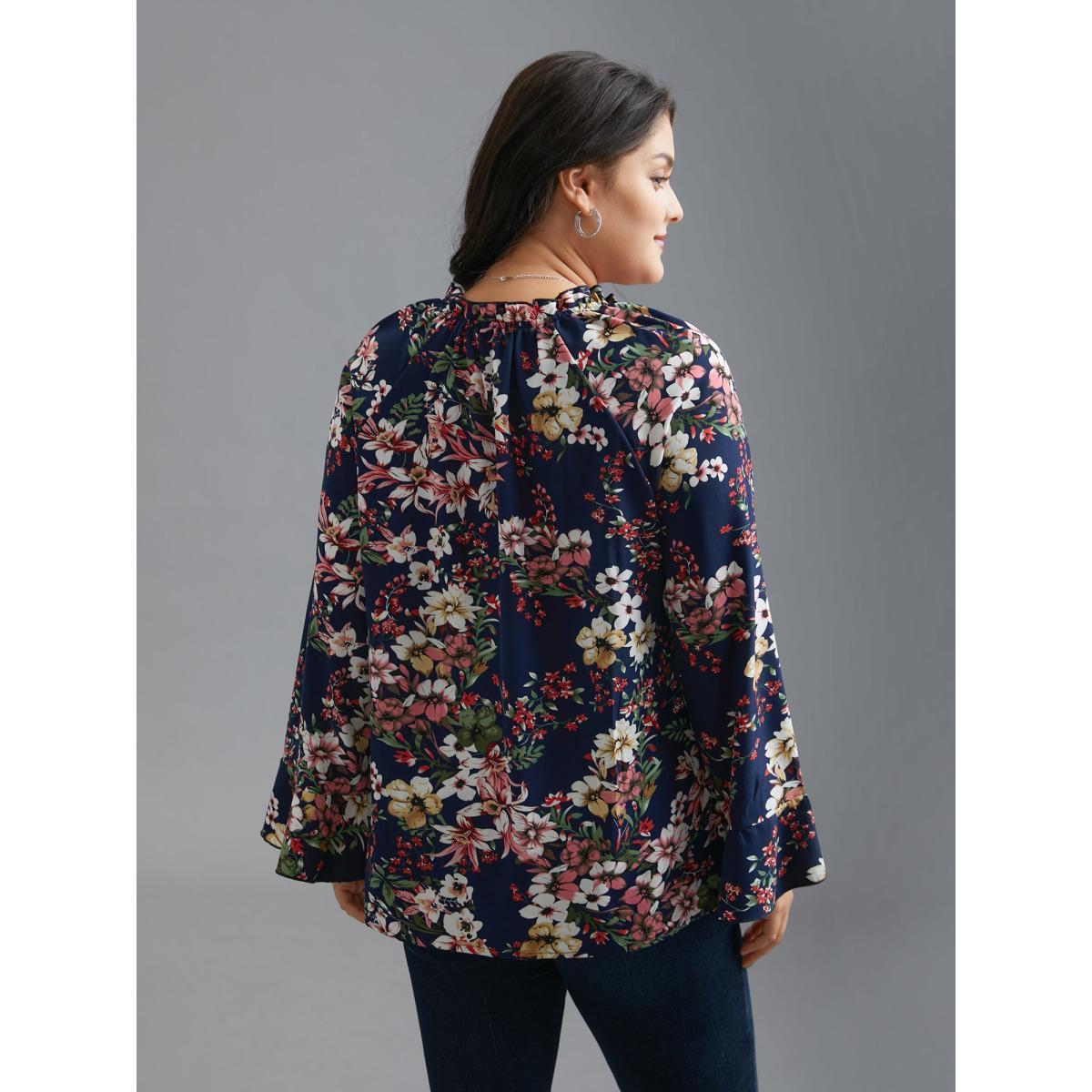 Plus Size Indigo Floral Tie Knot Flutter Sleeve Blouse Women Elegant Long Sleeve V-neck Everyday Blouses BloomChic 22-24/3X Product Image