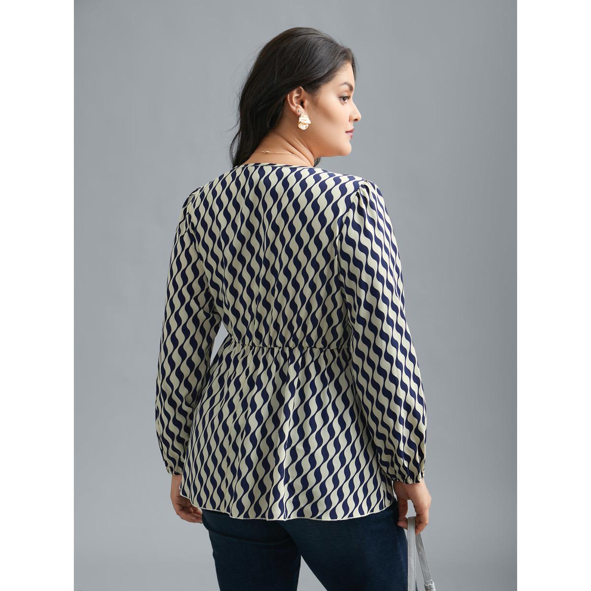 Plus Size Indigo Geometric Print Twist Front Blouse Women At the Office Extra Long Sleeve V-neck Work Blouses BloomChic 28/5X Product Image