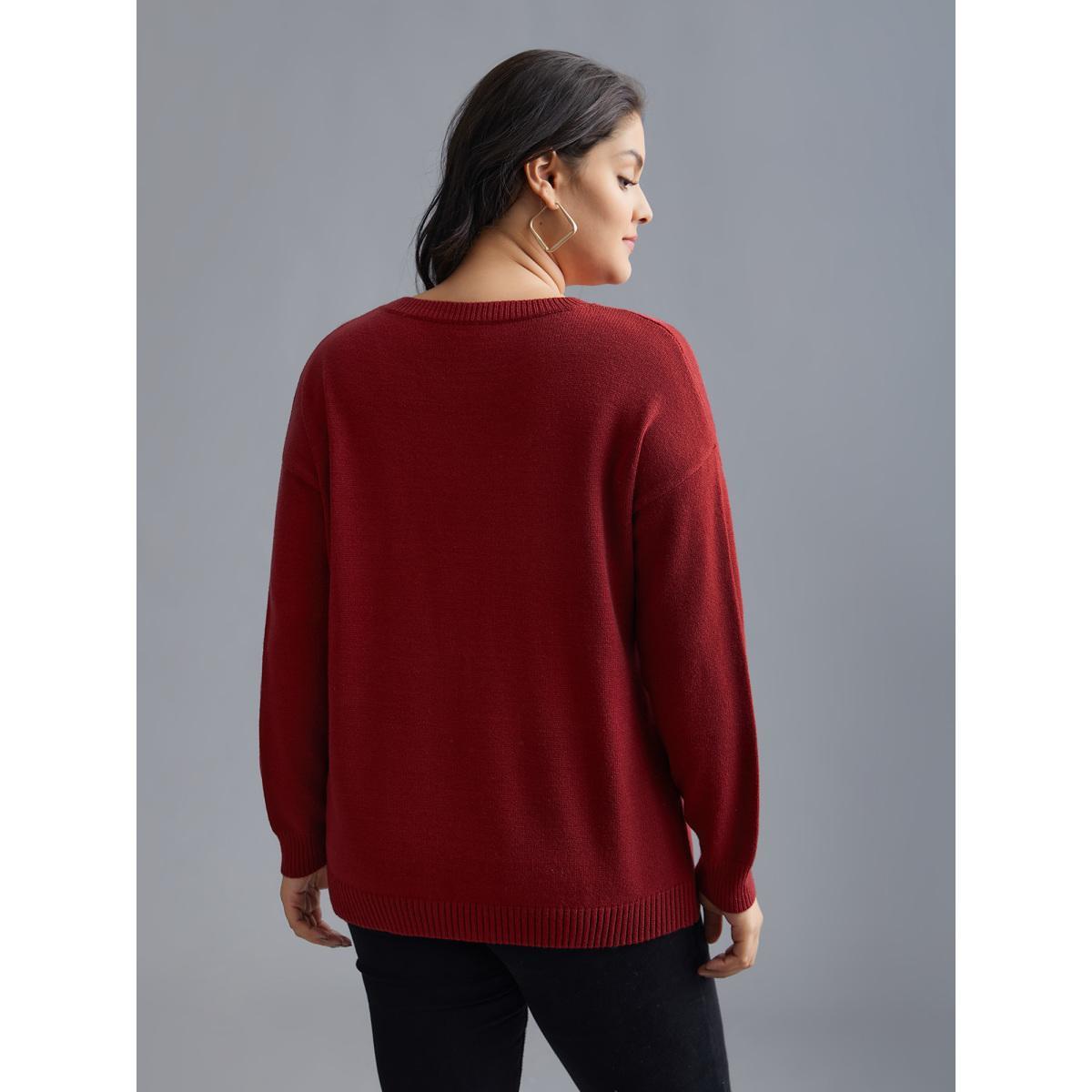 Plus Size Embroidered Bow Tie Drop Shoulder Pullover Deepred Women Casual Loose Long Sleeve Round Neck Everyday Pullovers BloomChic 22-24/3X Product Image
