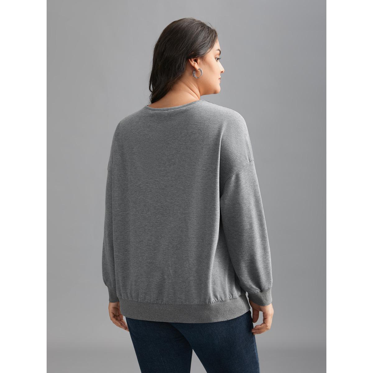Plus Size Lace Panel Round Neck Contrast Sweatshirt Women DarkGray Elegant Woven ribbon&lace trim Round Neck Everyday Sweatshirts BloomChic 14-16/1X Product Image