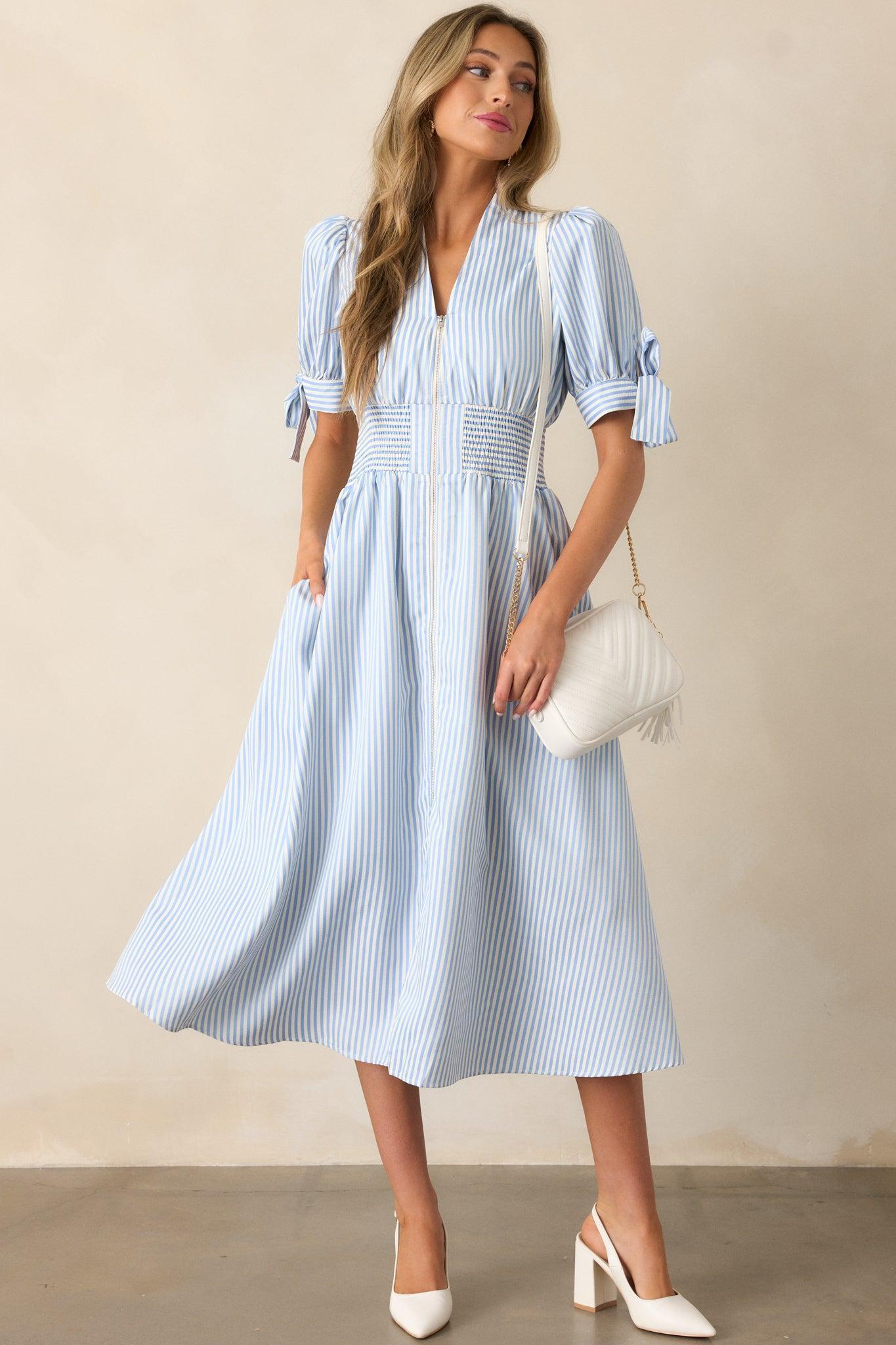 Afternoon Tea Sky Blue Stripe Zip Front Midi Dress Product Image