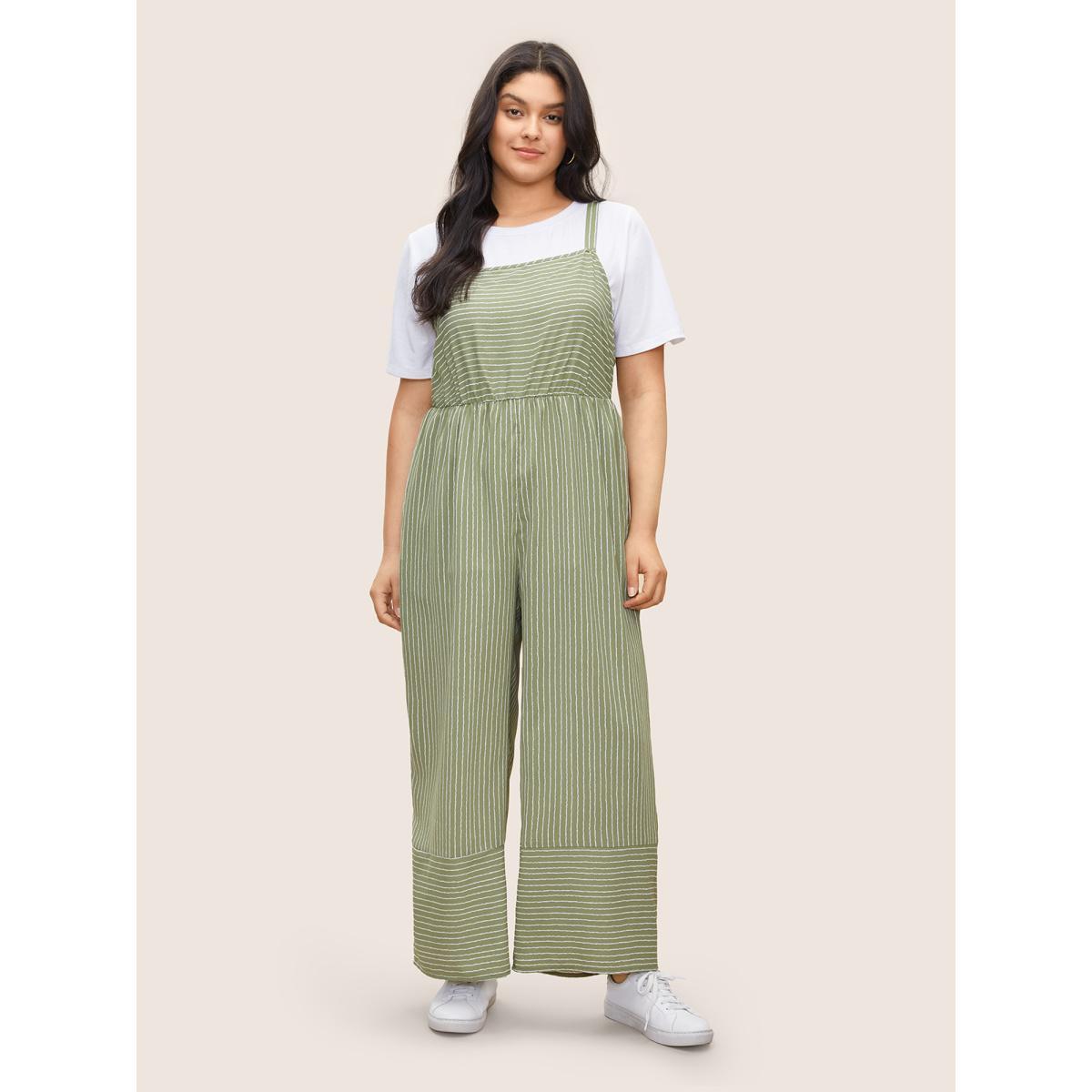 Plus Size Moss Striped Pocket Elastic Waist Cami Jumpsuit Women Casual Sleeveless Non Everyday Loose Jumpsuits BloomChic 22-24/3X Product Image