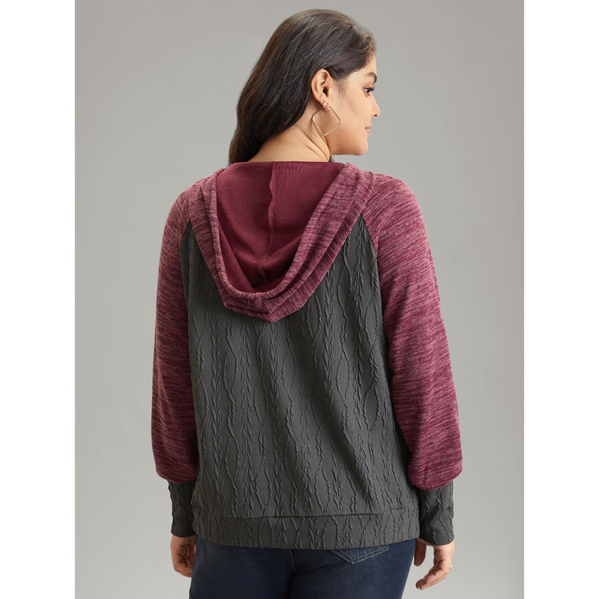 Plus Size Contrast Jacquard Raglan Sleeve Hooded Sweatshirt Women Gray Casual Texture Hooded Everyday Sweatshirts BloomChic 30/6X Product Image