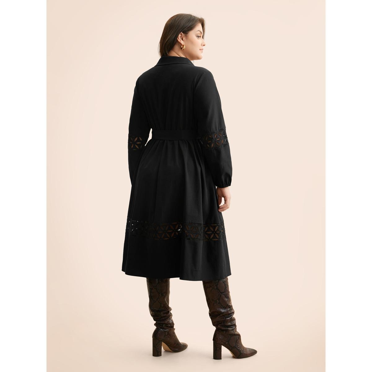Plus Size Solid Button Up Woven Ribbon Dress Black Women At the Office Woven ribbon&lace trim Shirt collar Long Sleeve Curvy BloomChic 30/6X Product Image