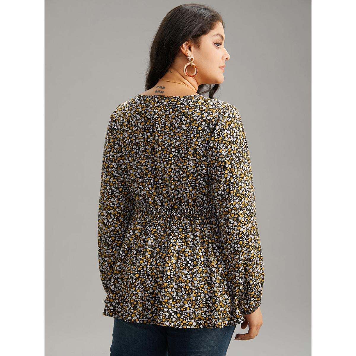 Plus Size Black Ditsy Floral Lantern Sleeve Shirred Blouse Women Elegant Long Sleeve V-neck Dailywear Blouses BloomChic 14-16/1X Product Image