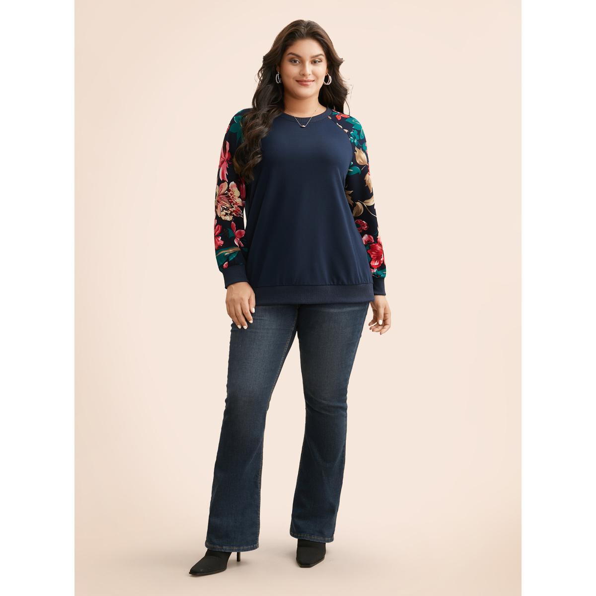 Plus Size Floral Patchwork Raglan Sleeve Sweatshirt Women DarkBlue Elegant Contrast Round Neck Everyday Sweatshirts BloomChic 22-24/3X Product Image