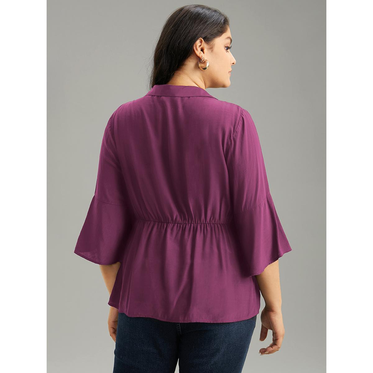 Plus Size Purple Plain Button Detail Bell Sleeve Blouse Women Office Elbow-length sleeve Shirt collar Work Blouses BloomChic 28/5X Product Image