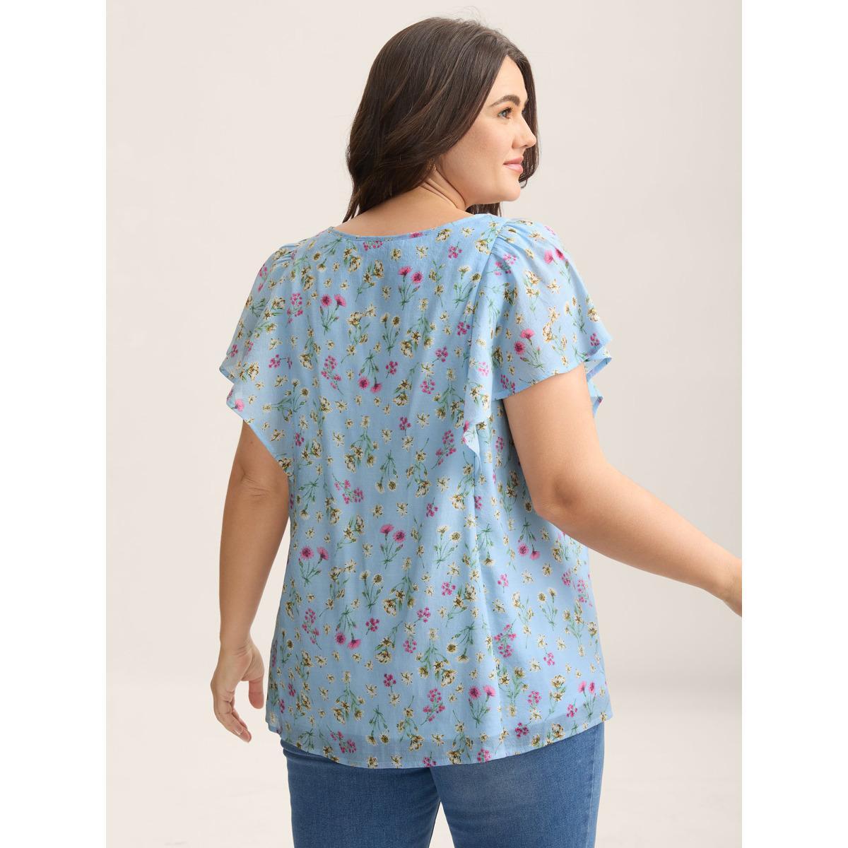 Plus Size LightBlue Floral Print Ruffled Flowy Blouse Women Cap Sleeve Square Neck Everyday-Elegant Blouses BloomChic 10/M Product Image