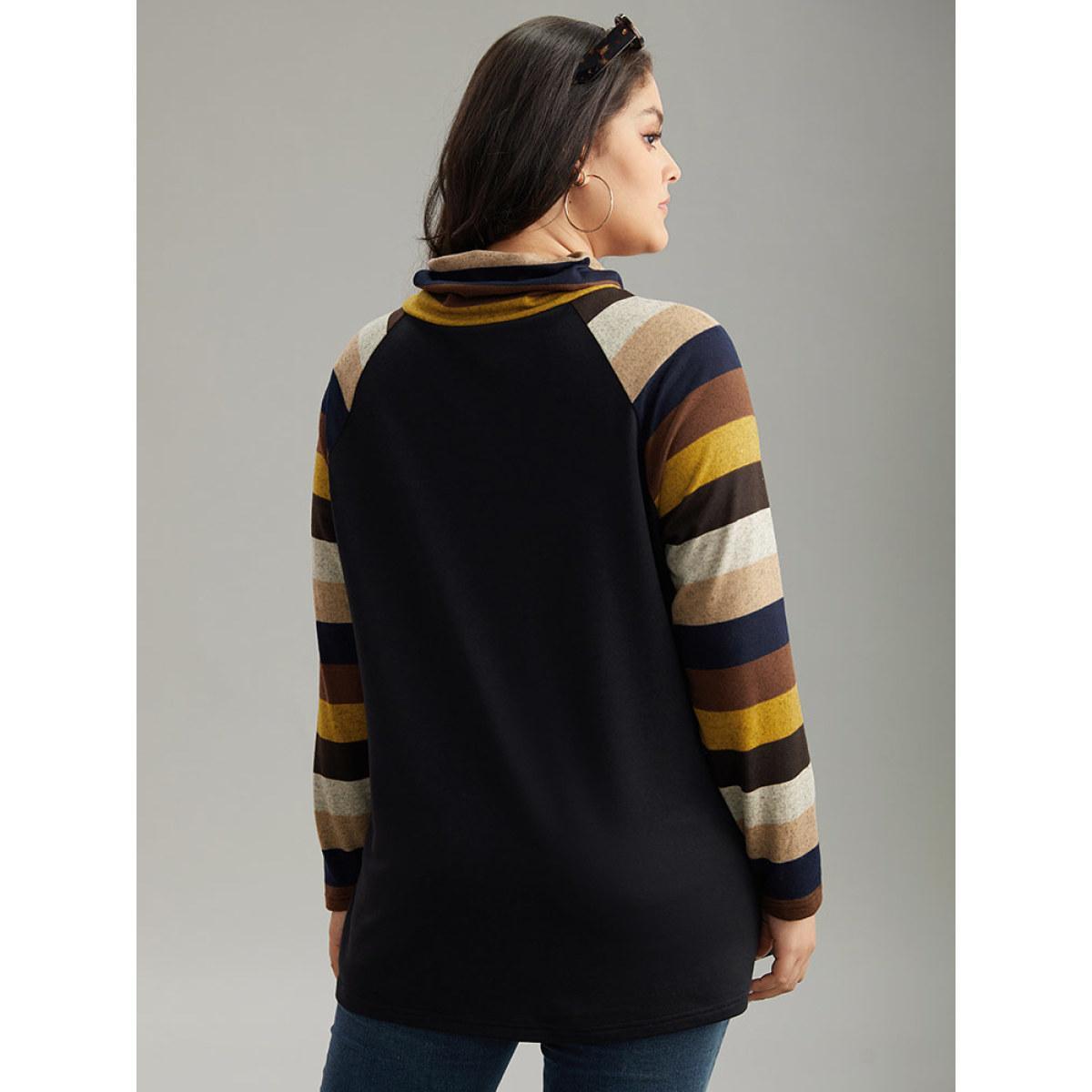 Plus Size Mock Neck Colour Striped Drawstring Sweatshirt Women Black Casual Patchwork Mock Neck Dailywear Sweatshirts BloomChic 28/5X Product Image