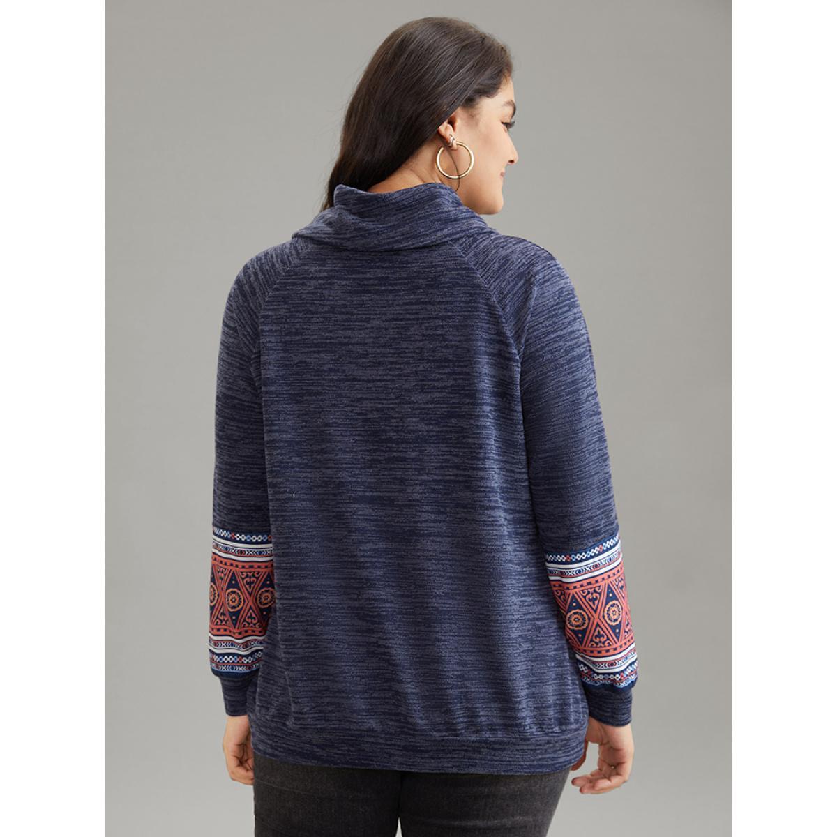Plus Size Heather Boho Print Raglan Sleeve Turtleneck Sweatshirt Women Blue Casual Heather Turtleneck Dailywear Sweatshirts BloomChic 22-24/3X Product Image