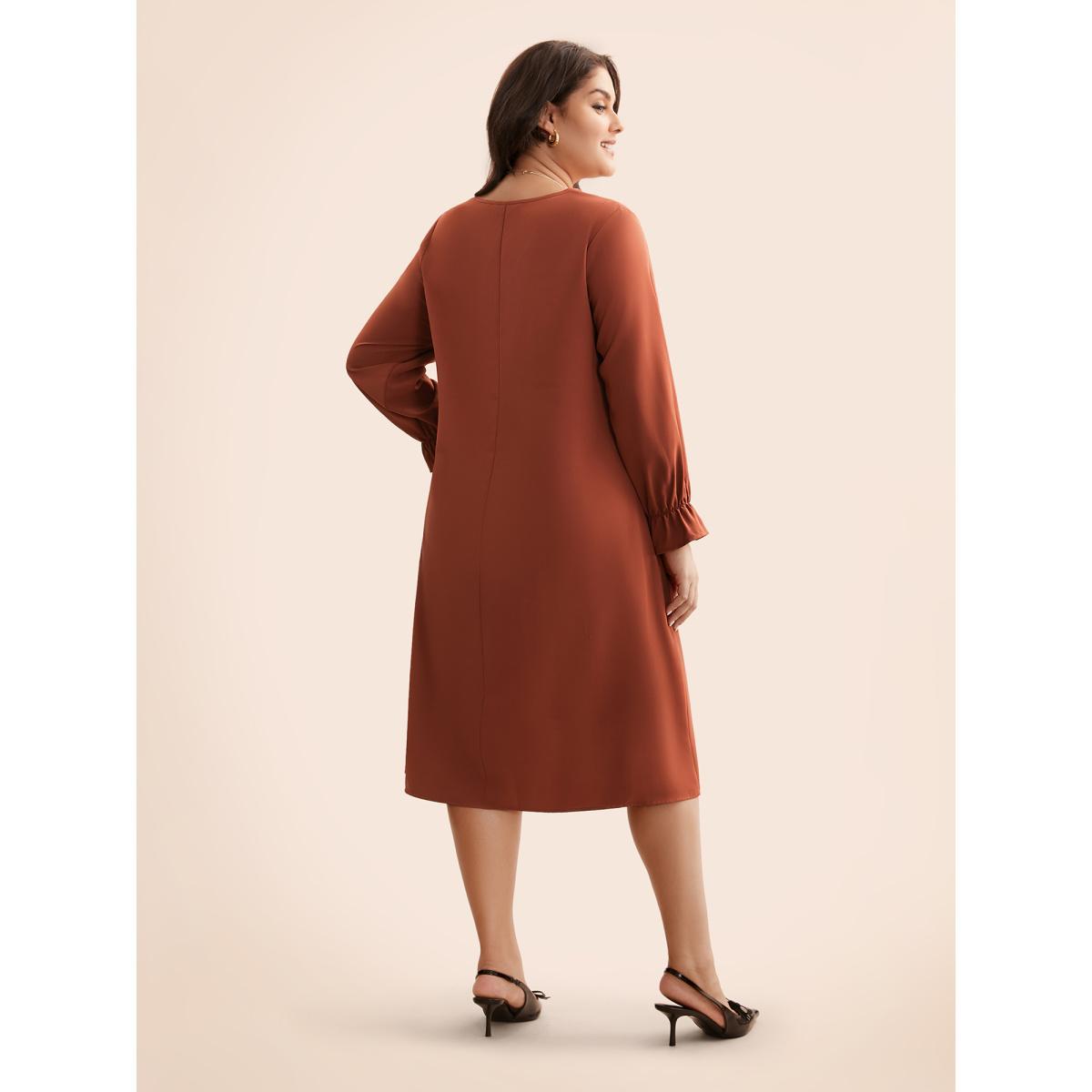 Plus Size V Neck Pleated Lantern Sleeve Dress Rust Women At the Office Tucked seam V-neck Long Sleeve Curvy BloomChic 10/M Product Image