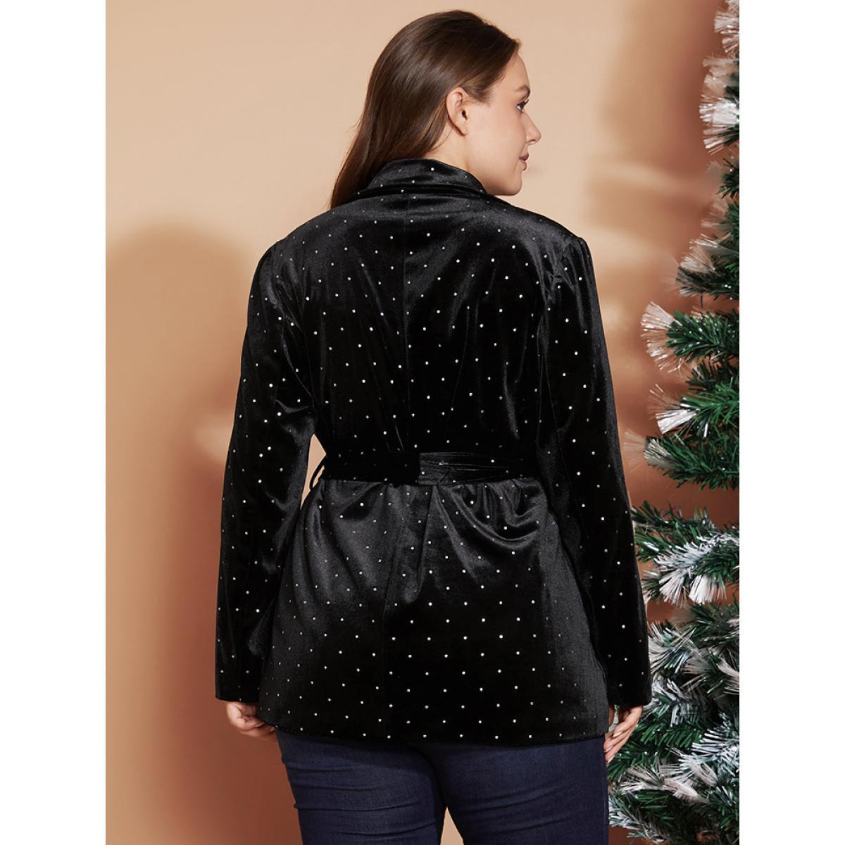 Plus Size Polka Dot Pocket Suit Collar Belted Velvet Blazer Black Women Going out Polka Dot Cross straps Sleeve Long Sleeve Suit Collar 18-20/2X Pocket Belt Party Blazers BloomChic Product Image