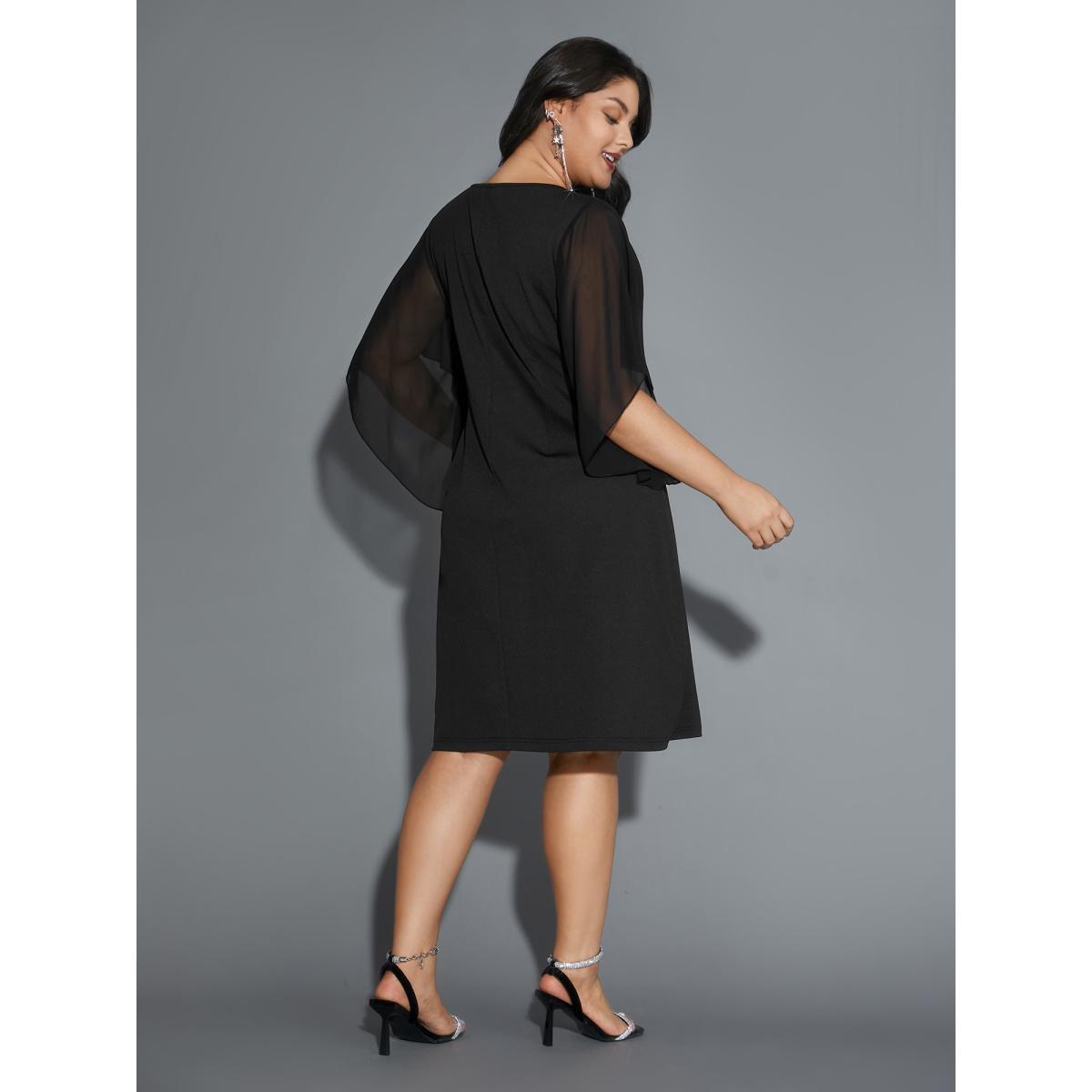 Plus Size Rhinestone Ruffle Sleeve Mesh Patchwork Dress Pureblack Women Cocktail Rhinestone detailing Party Curvy Bloomchic 26/4X Product Image