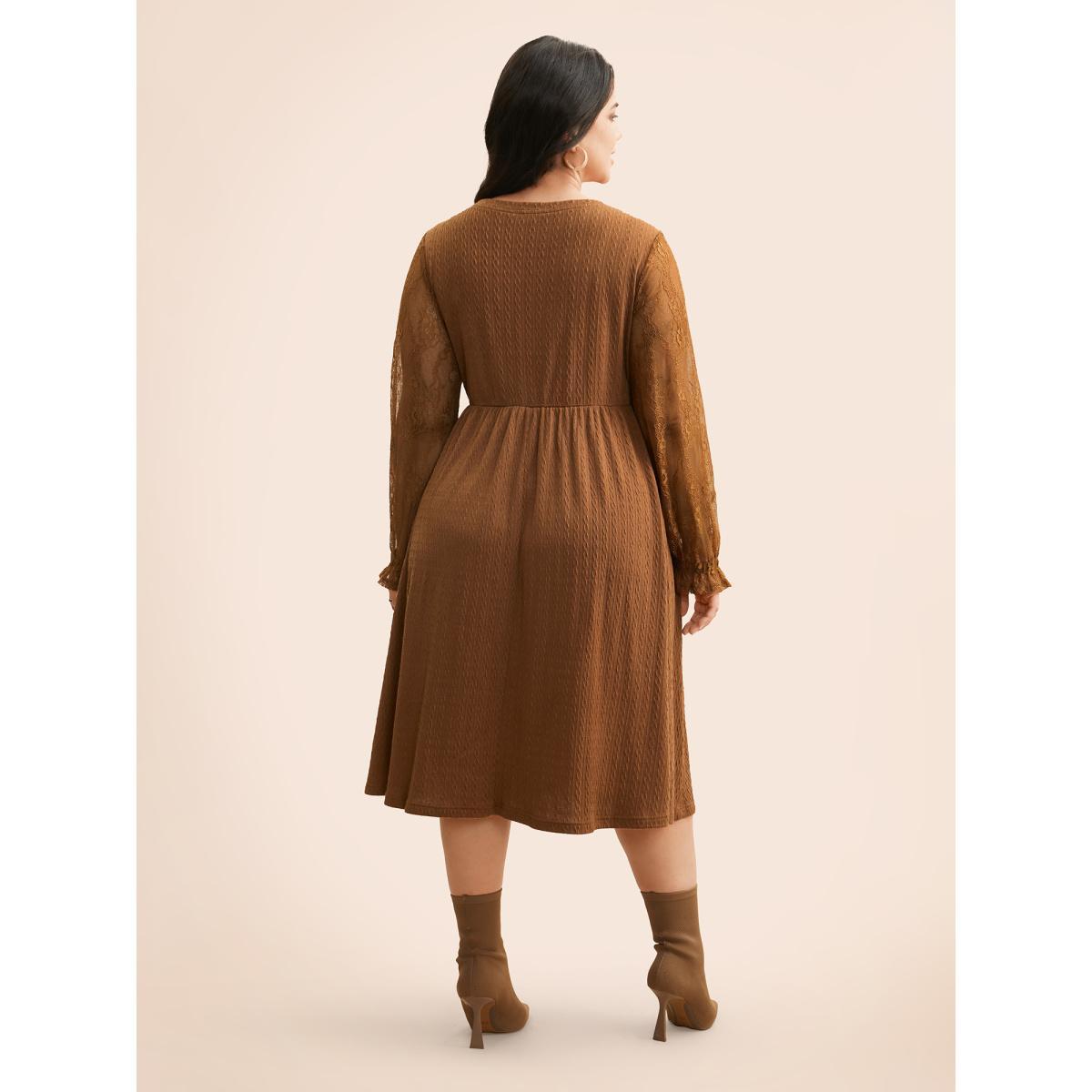 Plus Size Textured Mesh Patchwork Ruffles Dress Yellowishbrown Women Elegant Woven ribbon&lace trim Round Neck Extra Long Sleeve Curvy BloomChic 12/L Product Image