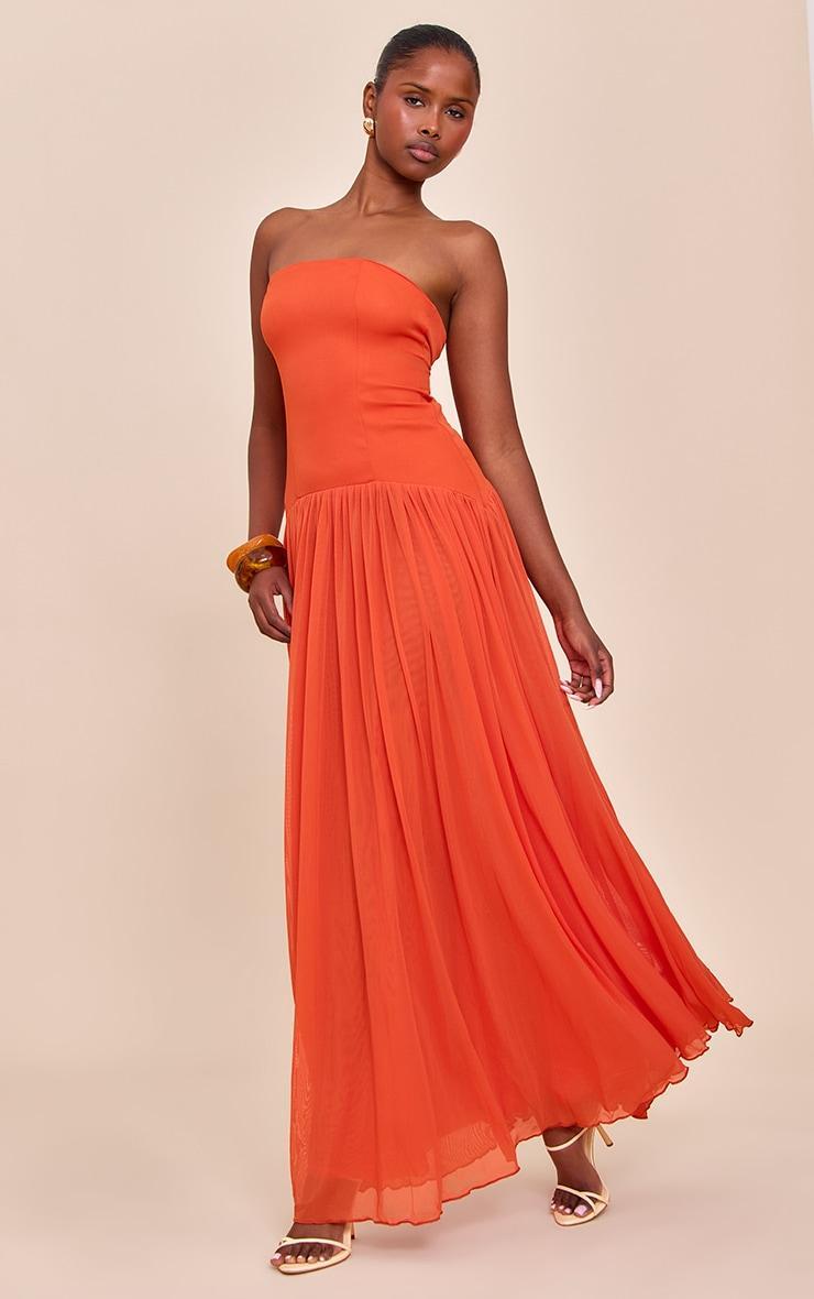Orange Bandeau Chiffon Pleated Maxi Dress Product Image