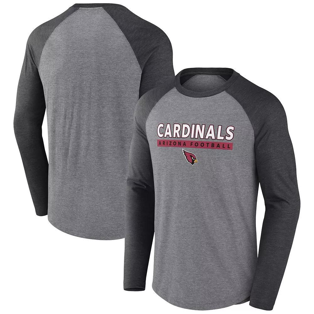 Men's Fanatics Heather Gray/Charcoal Arizona Cardinals Tri-Blend Raglan Long Sleeve T-Shirt, Size: 2XL, Grey Product Image