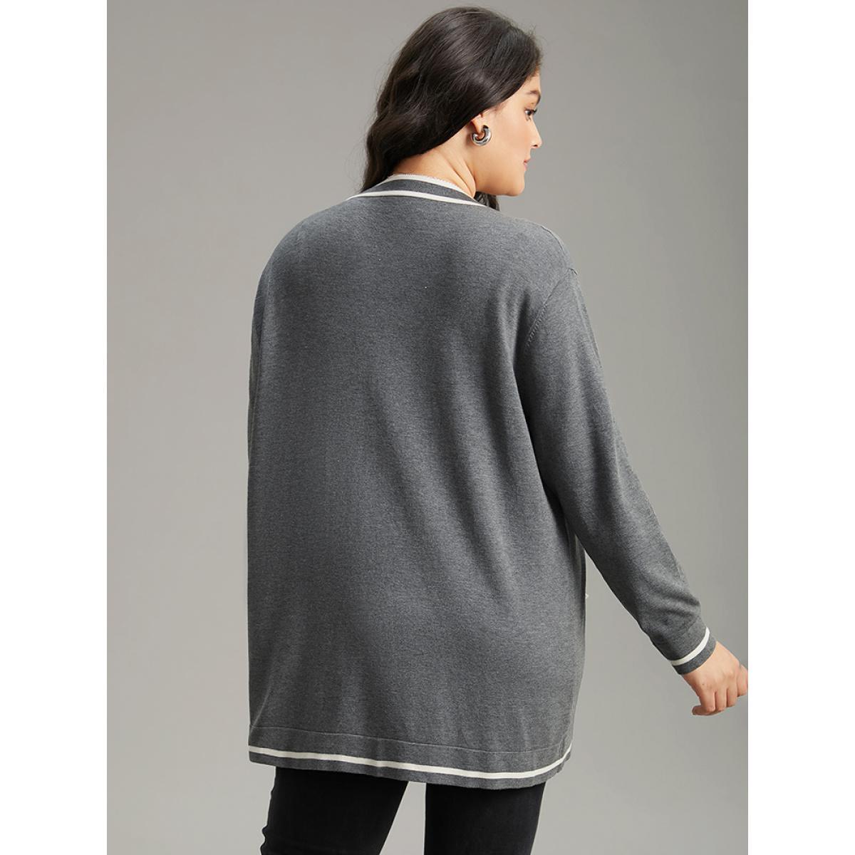 Plus Size Supersoft Essentials Striped Patchwork Pocket Open Front Cardigan Gray Women Casual Loose Long Sleeve Everyday Cardigans BloomChic 28/5X Product Image