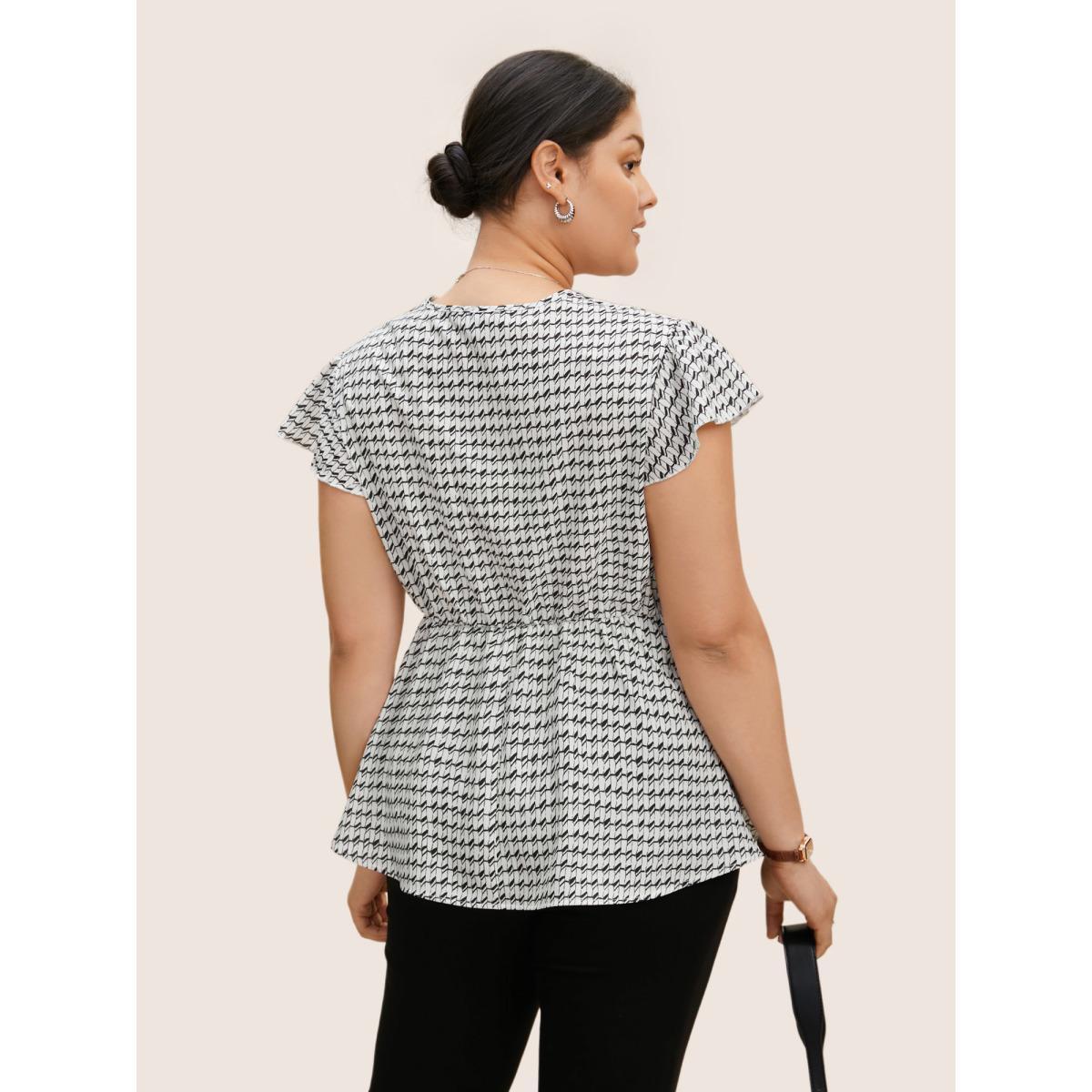 Plus Size Ivory Geometric Wrap Flutter Cap Sleeve Blouse Women At the Office Cap Sleeve V-neck Work Blouses BloomChic 22-24/3X Product Image