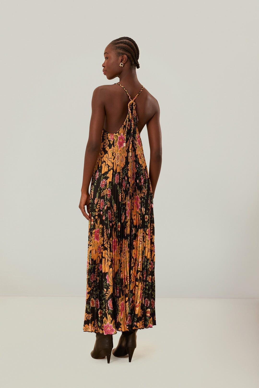 Black Arabesque Floral Pleated Midi Dress, ARABESQUE FLORAL BLACK / S Product Image