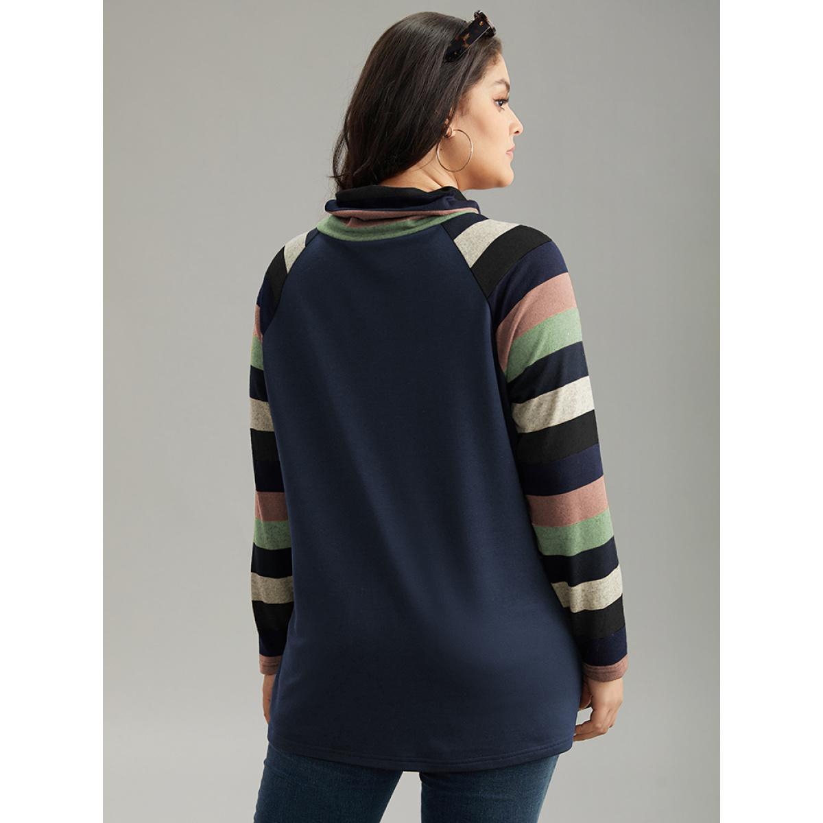 Plus Size Mock Neck Colour Striped Drawstring Sweatshirt Women Indigo Casual Patchwork Mock Neck Dailywear Sweatshirts BloomChic 10/M Product Image