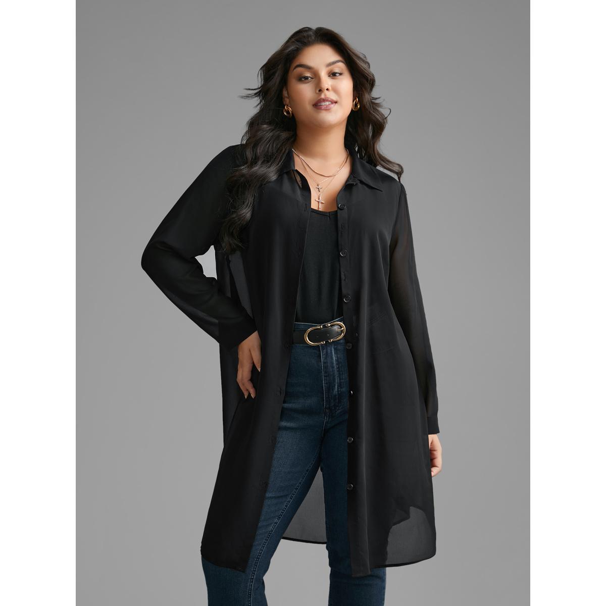Plus Size Black Chiffon Mesh Pleated Tunic Blouse Women Elegant Long Sleeve Shirt collar Everyday Blouses BloomChic 28/5X Product Image