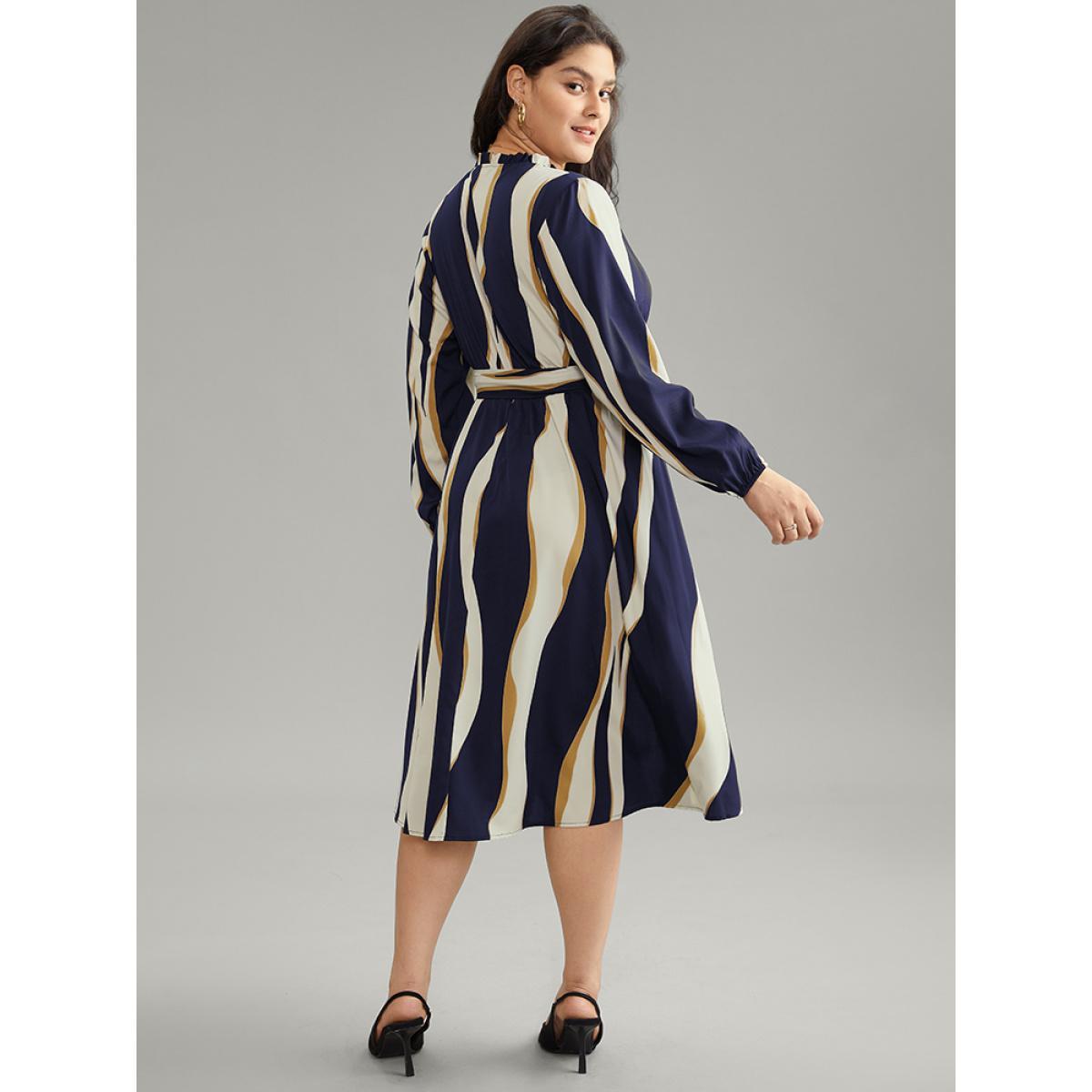 Plus Size Colorblock Striped Notched Belted Lantern Sleeve Dress Black Women At the Office Elastic cuffs Notched collar Long Sleeve Curvy Midi Dress BloomChic 30/6X Product Image