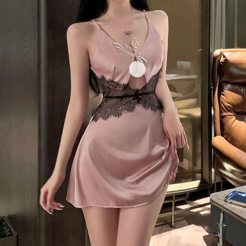 Spaghetti Strap V-Neck Lace Panel Cutout Open Back Nightdress Product Image