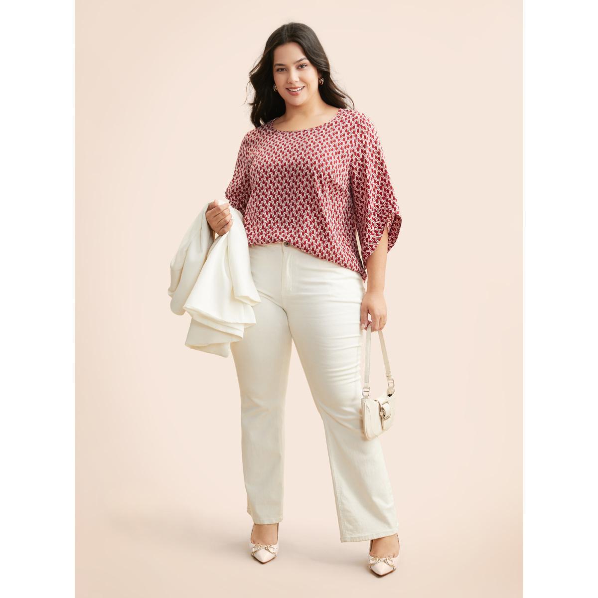 Plus Size Scarlet Geometric Round Neck Bell Sleeve Blouse Women At the Office Three Quater Length Sleeve Round Neck Work Blouses BloomChic 22-24/3X Product Image